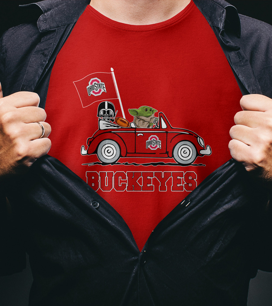 Ohio State Buckeyes Darth Vader Baby Yoda Driving Star Wars Car With Flag T-Shirt