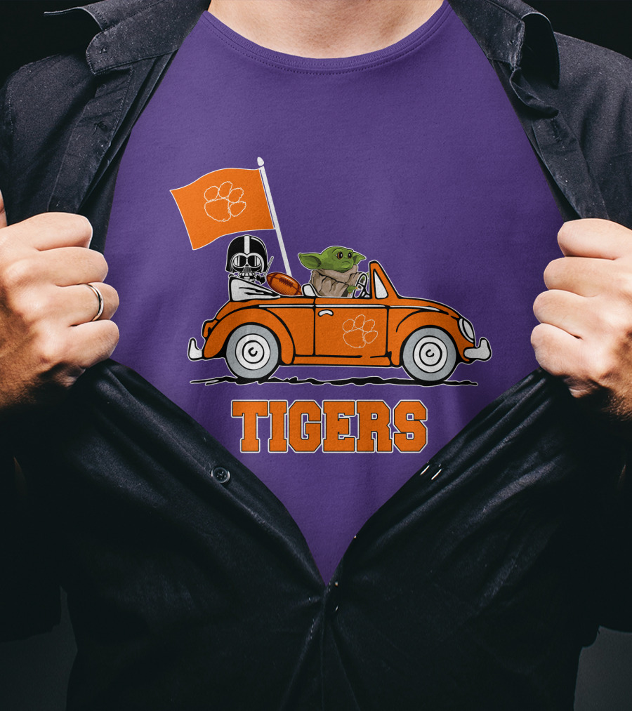 Clemson Tigers Darth Vader Baby Yoda Driving Star Wars Football Car T-Shirt