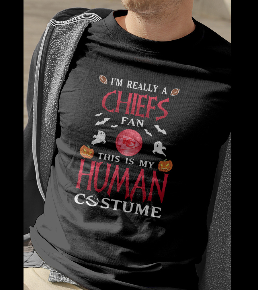I'm Really A Chiefs Fan This Is My Human Costume Halloween Ghosts Pumpkins Footballs T-Shirt