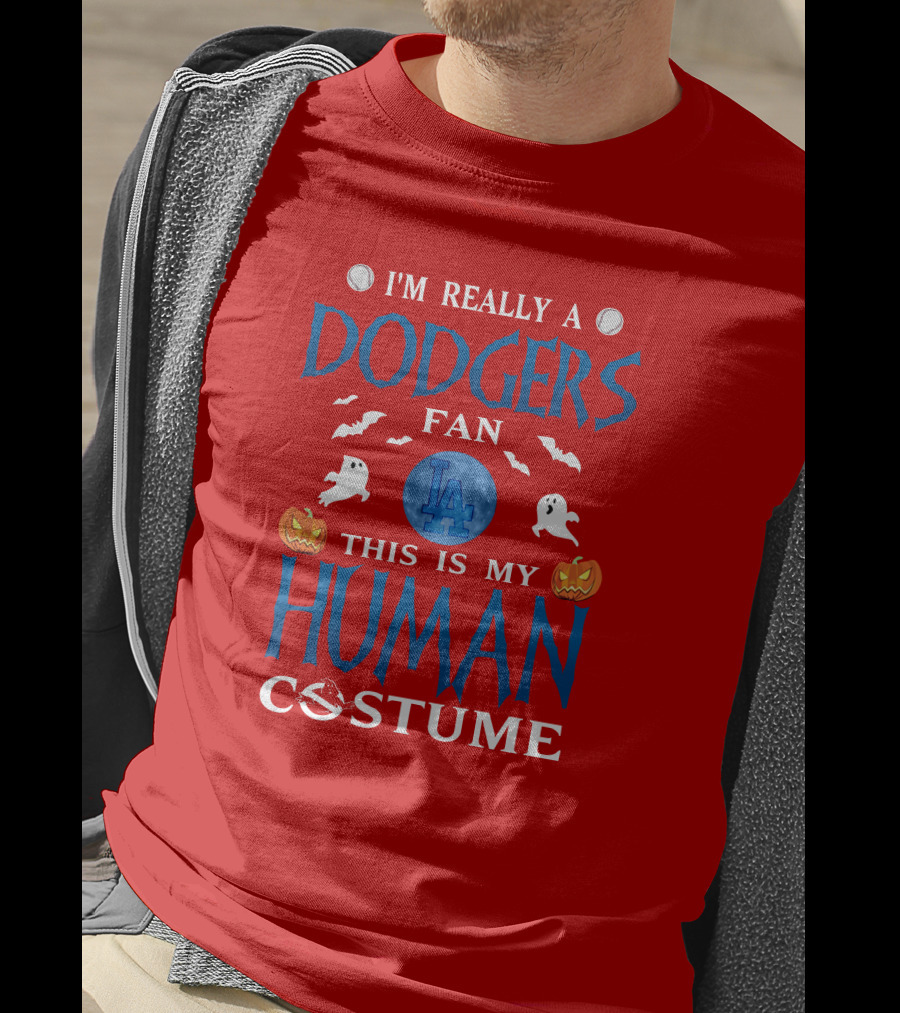 Los Angeles Dodgers Fan Halloween Human Costume Theme With Ghosts And Pumpkins T-Shirt