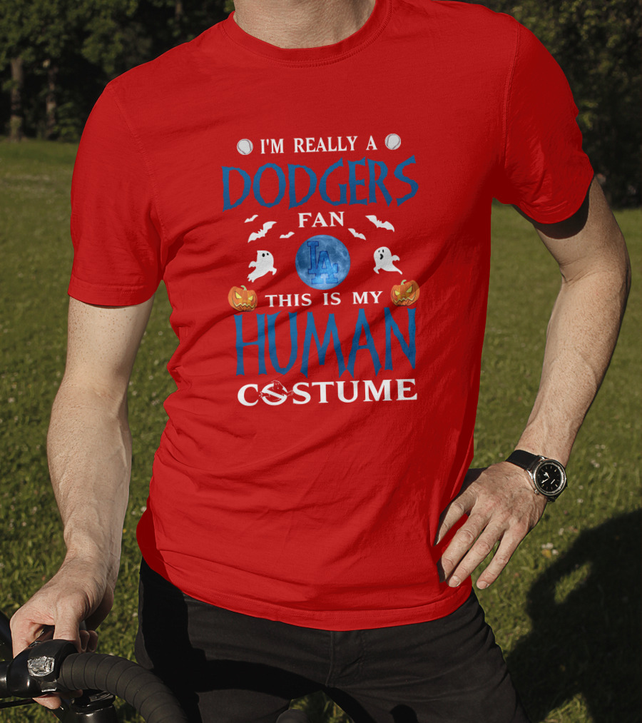 Los Angeles Dodgers Fan Halloween Human Costume Theme With Ghosts And Pumpkins T-Shirt