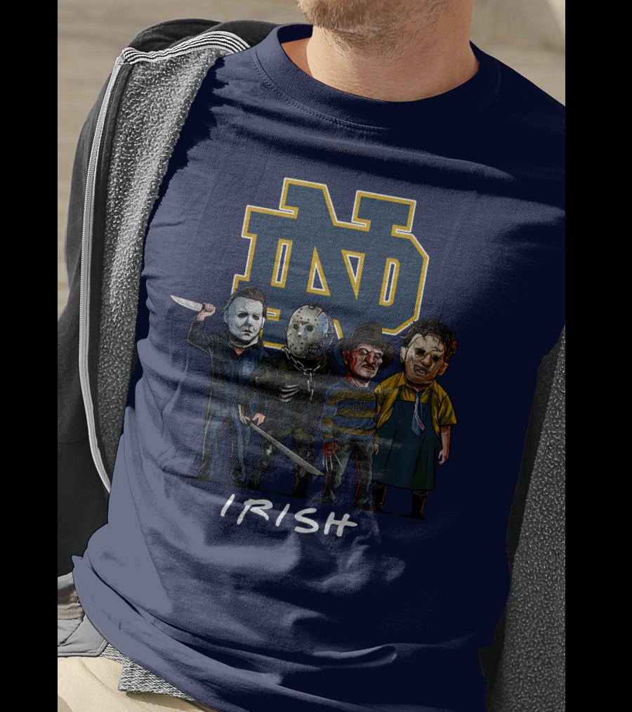Notre Dame Fighting Irish Halloween With Famous Horror Slasher Characters T-Shirt
