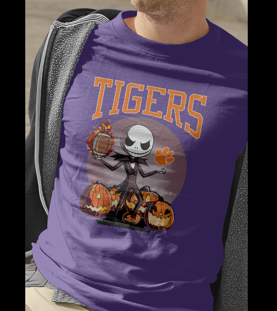 Tigers Jack Skellington Clemson Halloween Football And Pumpkins T-Shirt
