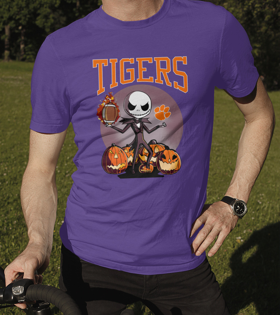 Tigers Jack Skellington Clemson Halloween Football And Pumpkins T-Shirt