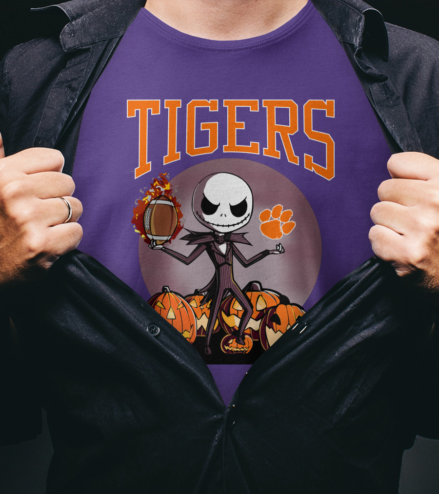 Tigers Jack Skellington Clemson Halloween Football And Pumpkins T-Shirt