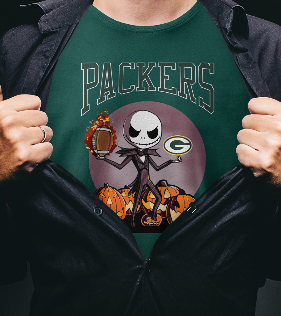 Packers Green Bay Jack Skellington Halloween Football Pumpkins T-Shirt