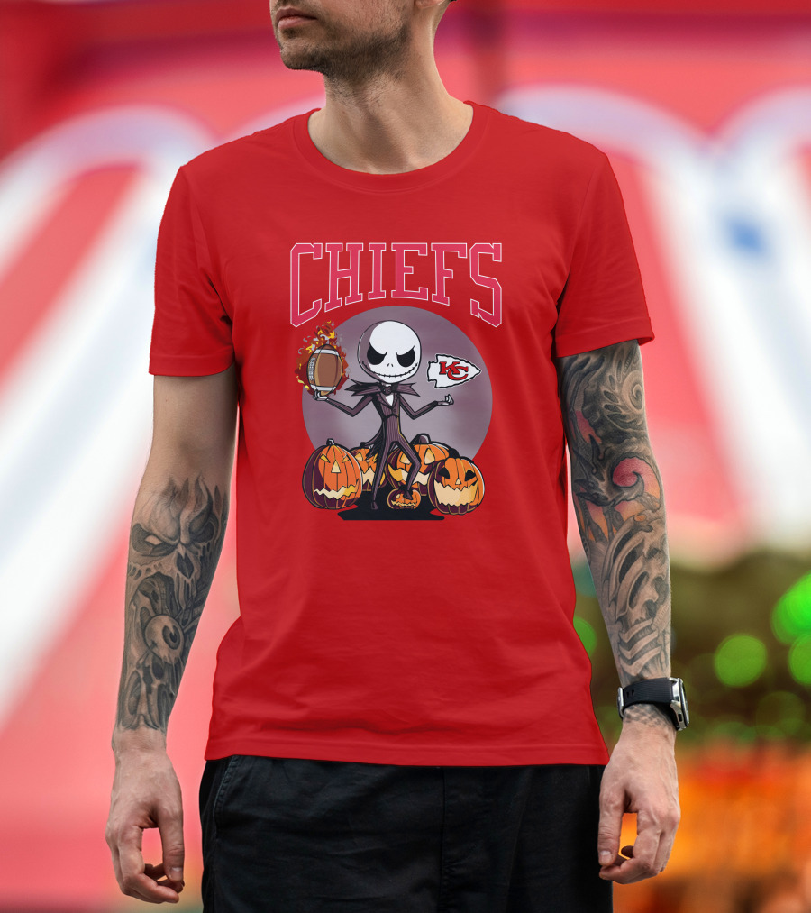 Kansas City Chiefs Jack Skellington Halloween Football Pumpkins T-Shirt