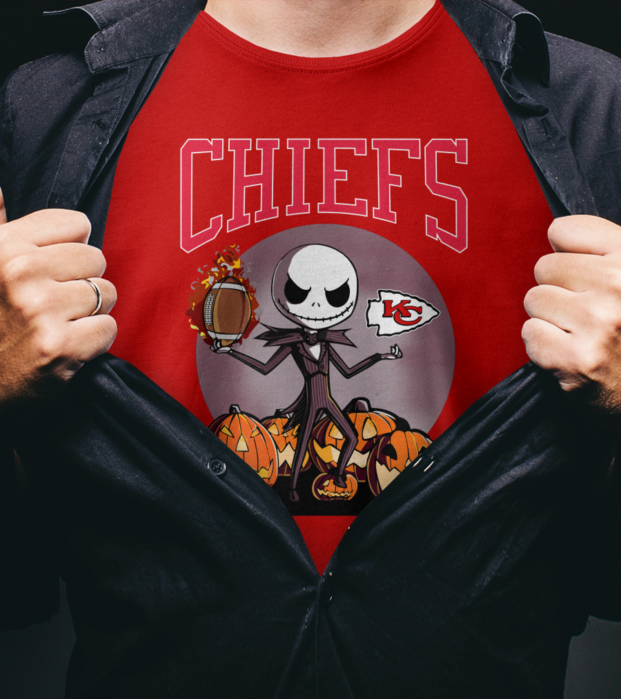 Kansas City Chiefs Jack Skellington Halloween Football Pumpkins T-Shirt