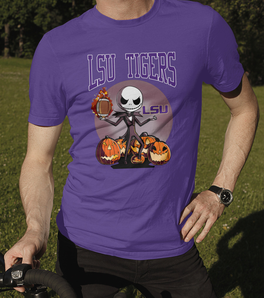 LSU Tigers Jack Skellington Halloween Football Pumpkins T-Shirt