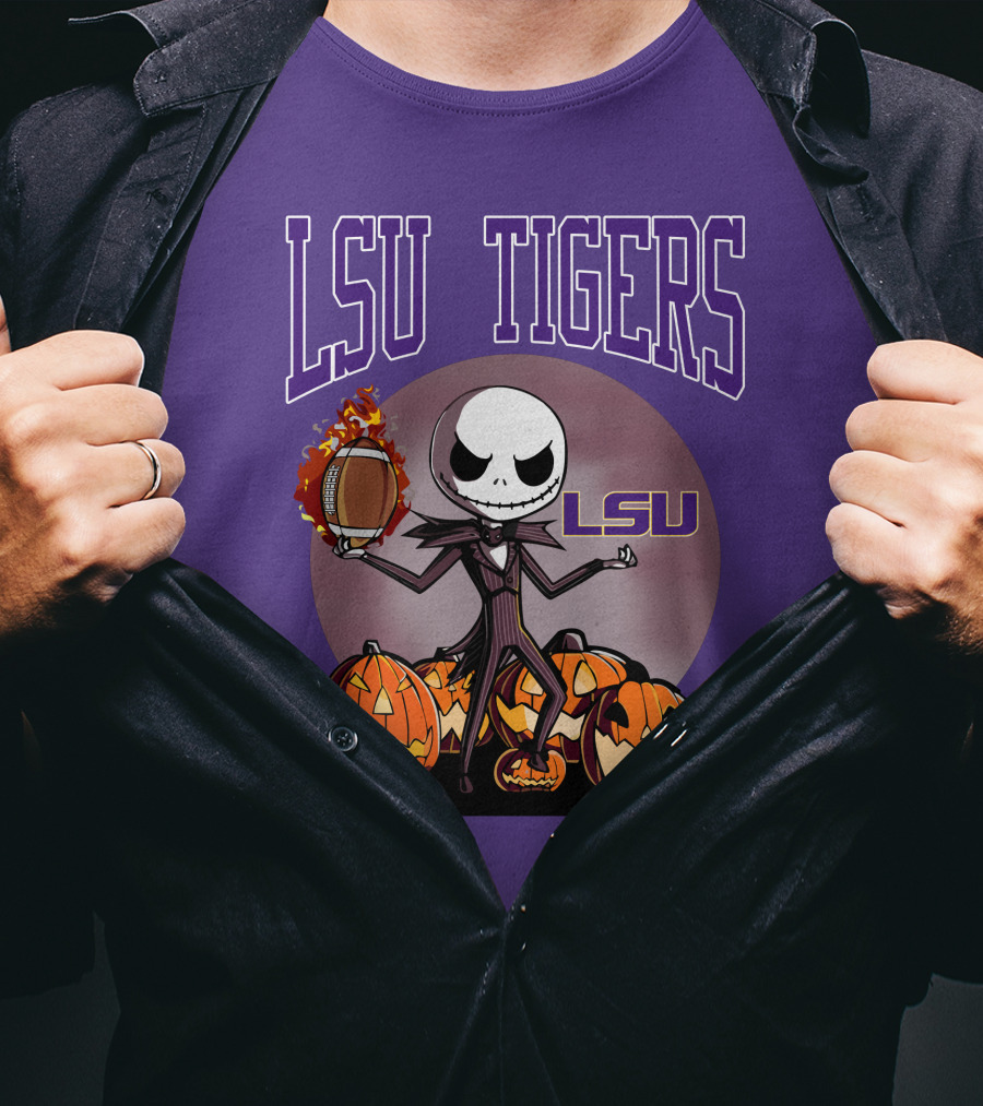 LSU Tigers Jack Skellington Halloween Football Pumpkins T-Shirt