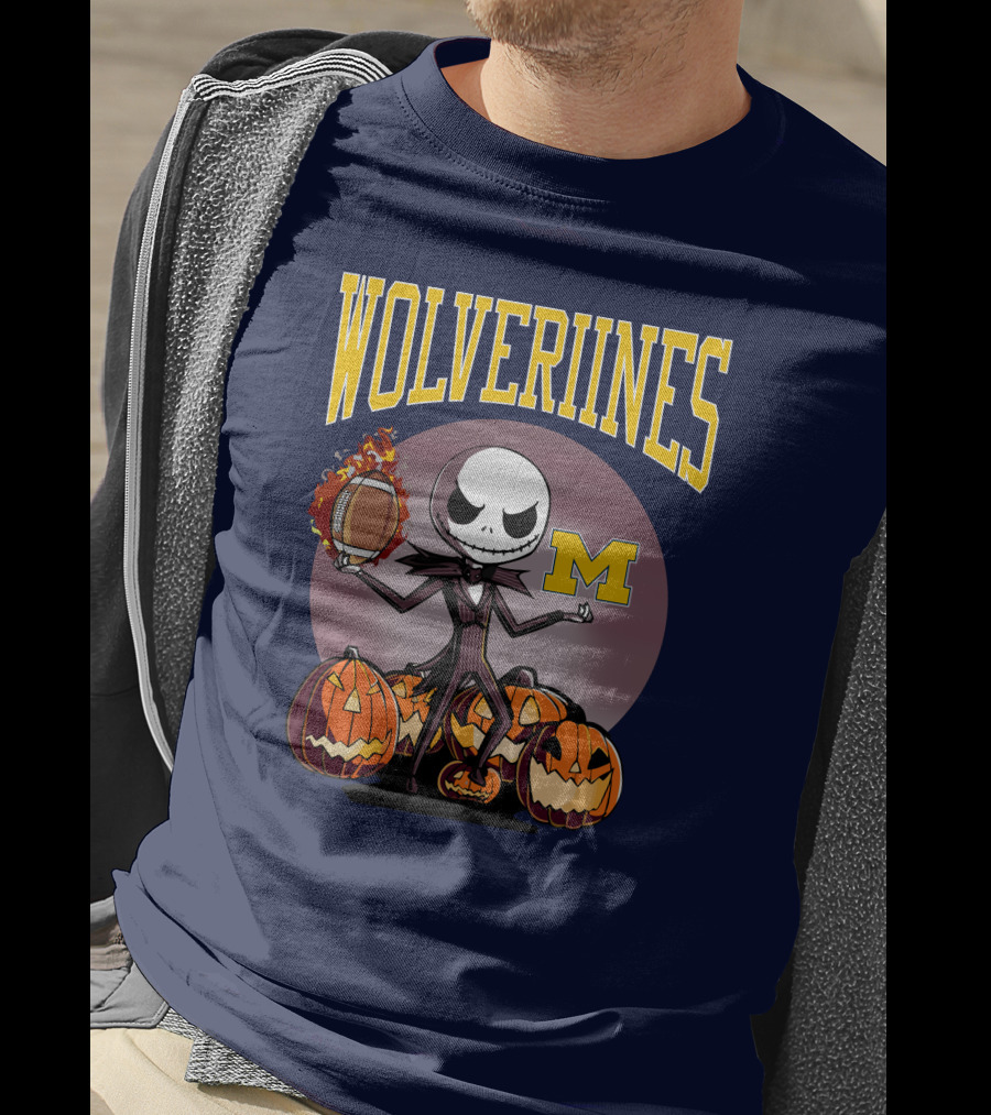 Michigan Wolverines Halloween Jack Skellington Football Pumpkins T-Shirt