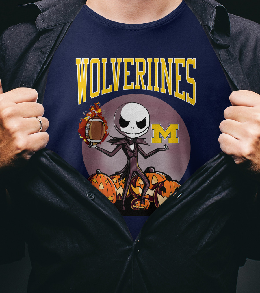 Michigan Wolverines Halloween Jack Skellington Football Pumpkins T-Shirt