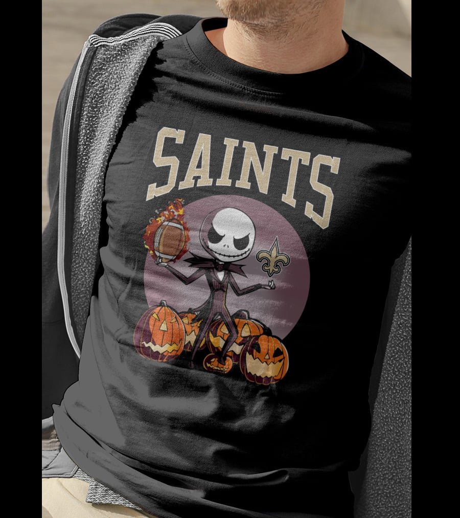 New Orleans Saints Jack Skellington Halloween Pumpkins Football Fleur-de-Lis T-Shirt