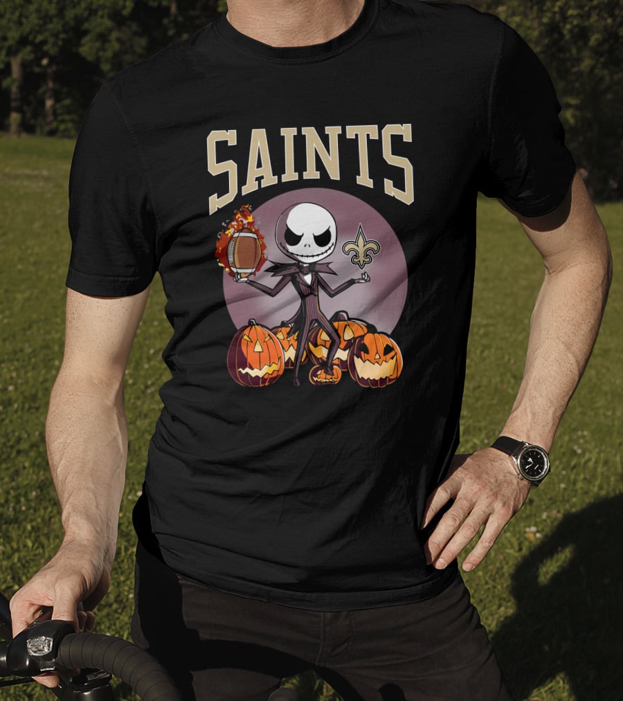 New Orleans Saints Jack Skellington Halloween Pumpkins Football Fleur-de-Lis T-Shirt