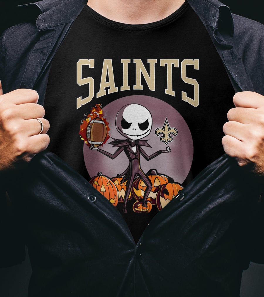 New Orleans Saints Jack Skellington Halloween Pumpkins Football Fleur-de-Lis T-Shirt