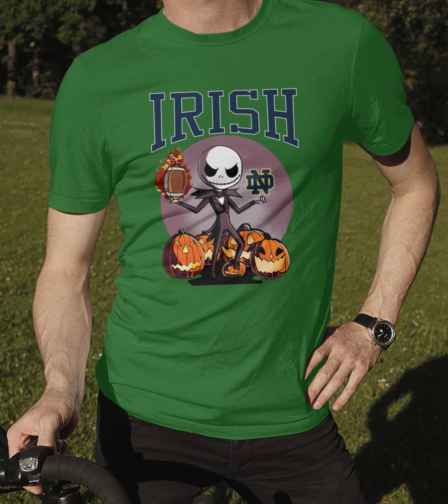 Irish Notre Dame Jack Skellington Halloween Football Pumpkins T-Shirt