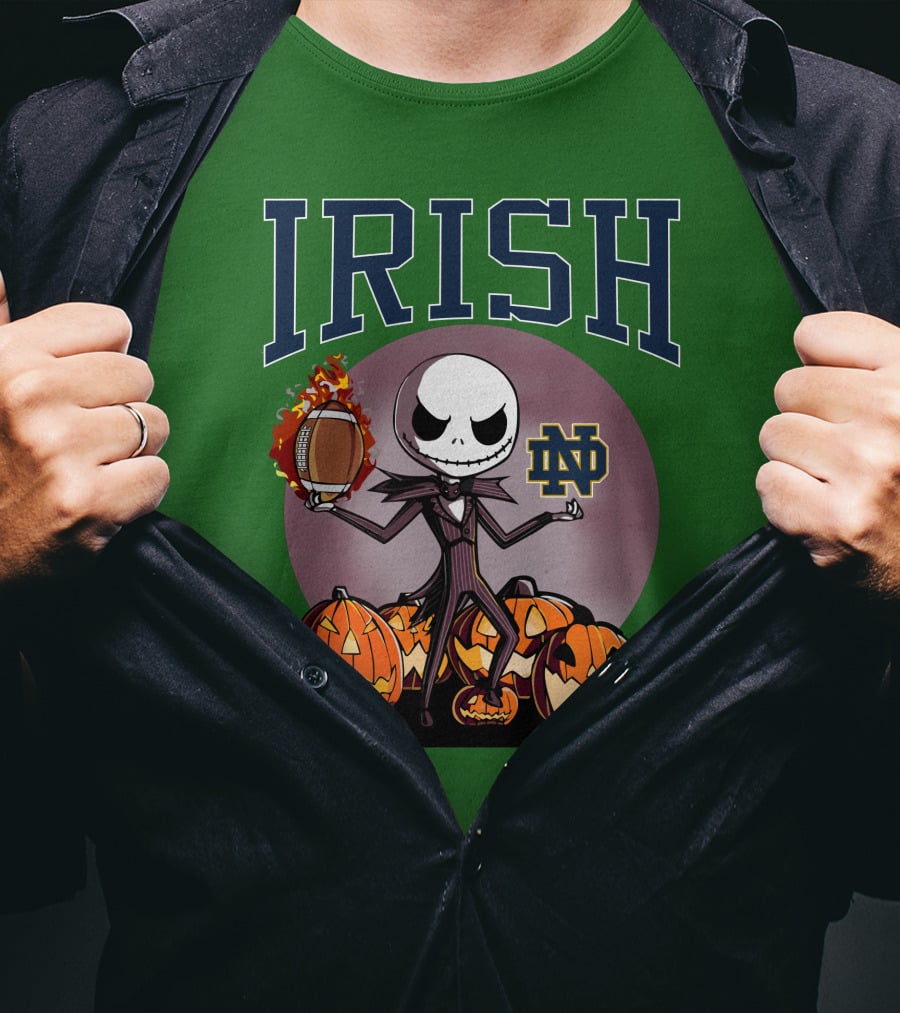 Irish Notre Dame Jack Skellington Halloween Football Pumpkins T-Shirt