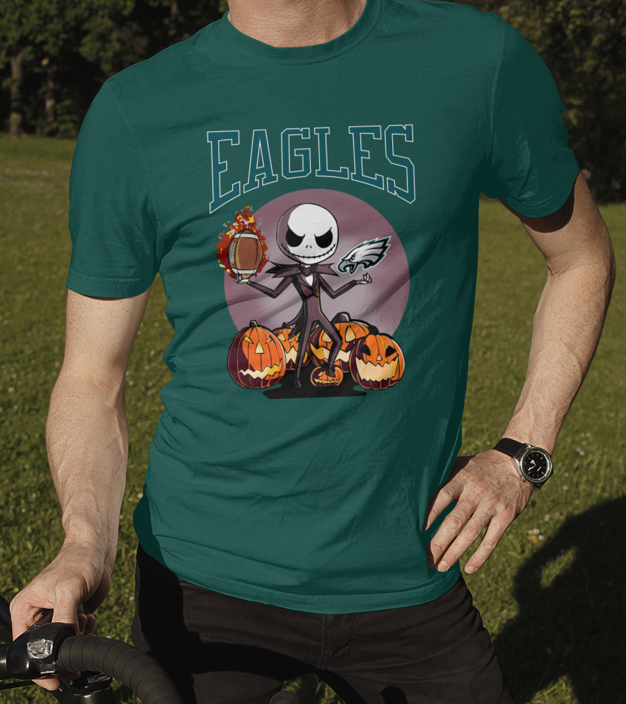 Philadelphia Eagles Jack Skellington Halloween Football Pumpkins T-Shirt