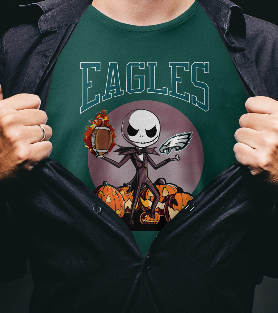 Philadelphia Eagles Jack Skellington Halloween Football Pumpkins T-Shirt