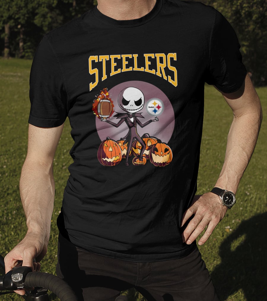 Steelers Jack Skellington Holding Football With Pumpkins And Pittsburgh Steelers T-Shirt
