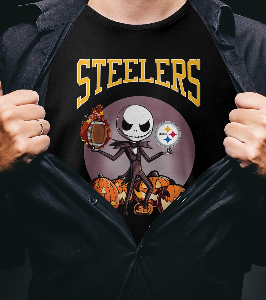Steelers Jack Skellington Holding Football With Pumpkins And Pittsburgh Steelers T-Shirt