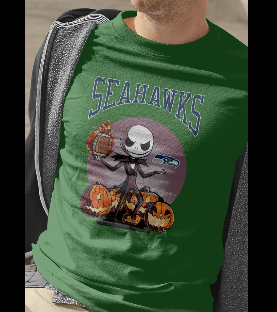 Seattle Seahawks Jack Skellington Halloween NFL Football Pumpkins T-Shirt