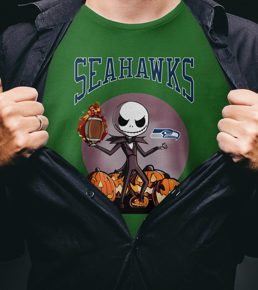 Seattle Seahawks Jack Skellington Halloween NFL Football Pumpkins T-Shirt