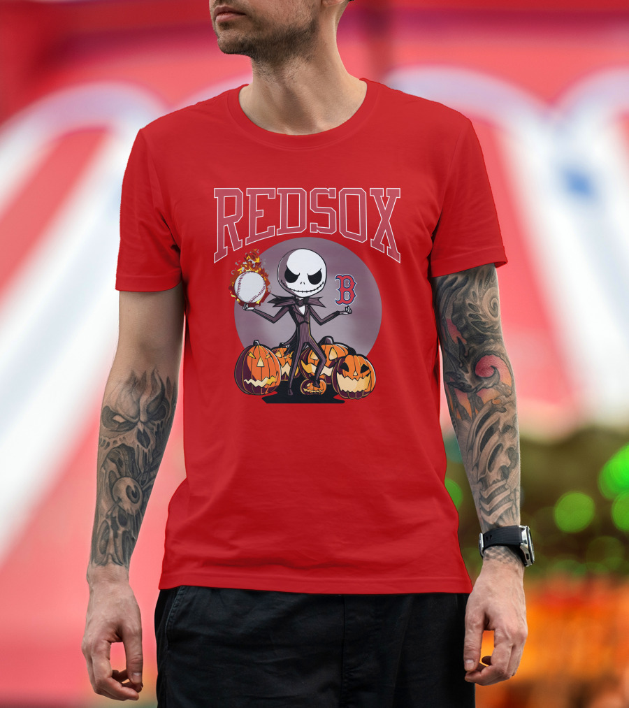 Red Sox Jack Skellington Halloween Pumpkins Baseball T-Shirt