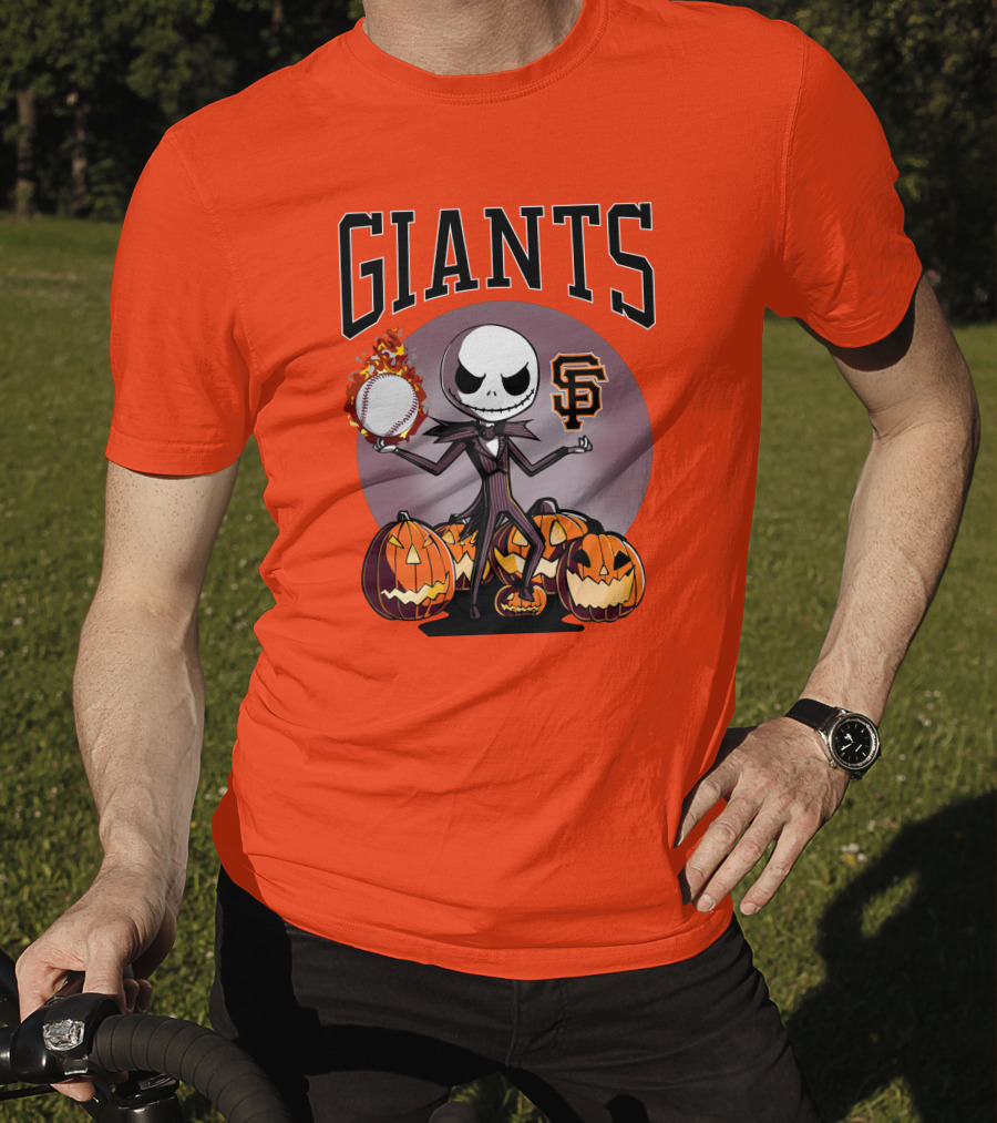 Giants Jack Skellington SF Logo Halloween Pumpkins Baseball T-Shirt