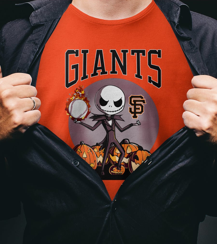Giants Jack Skellington SF Logo Halloween Pumpkins Baseball T-Shirt