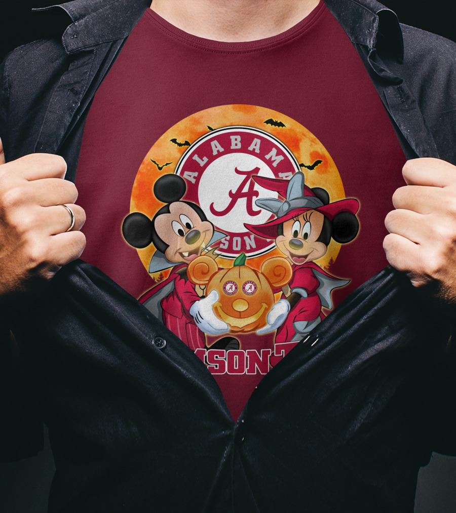 Alabama Crimson Tide Mickey Mouse Minnie Mouse Halloween Pumpkin Circle T-Shirt