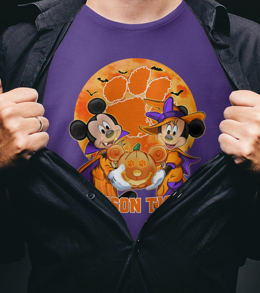 Clemson Tigers Mickey Mouse Minnie Mouse Halloween Pumpkin T-Shirt