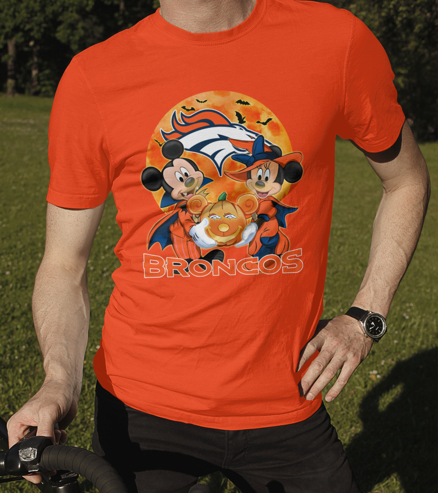 Denver Broncos Mickey Mouse And Minnie Mouse Halloween Broncos T-Shirt