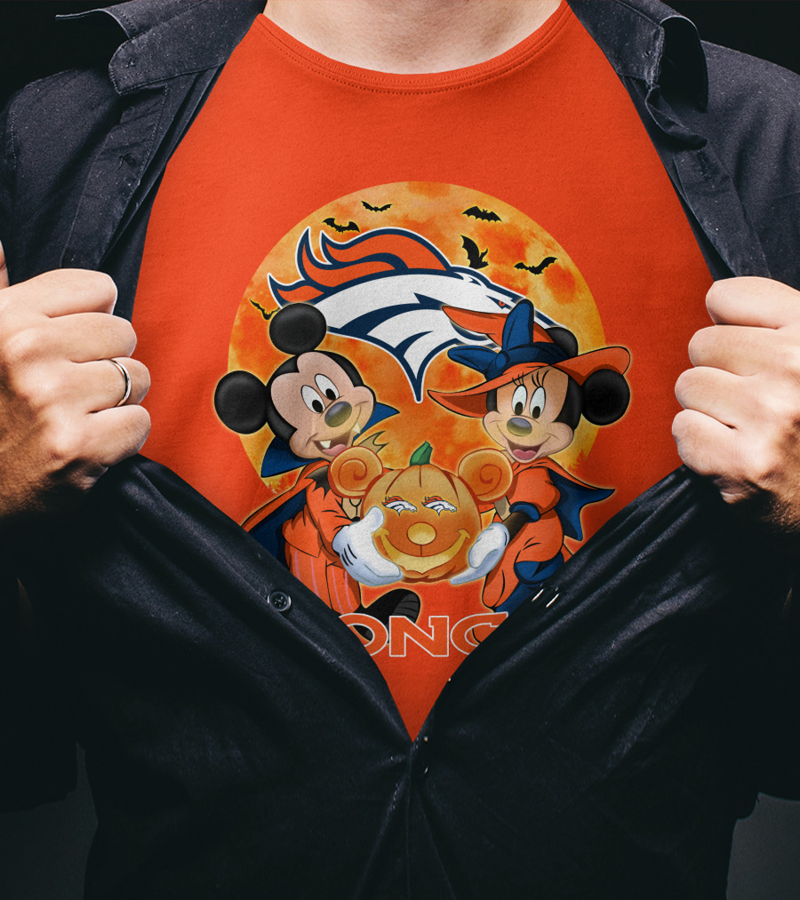 Denver Broncos Mickey Mouse And Minnie Mouse Halloween Broncos T-Shirt