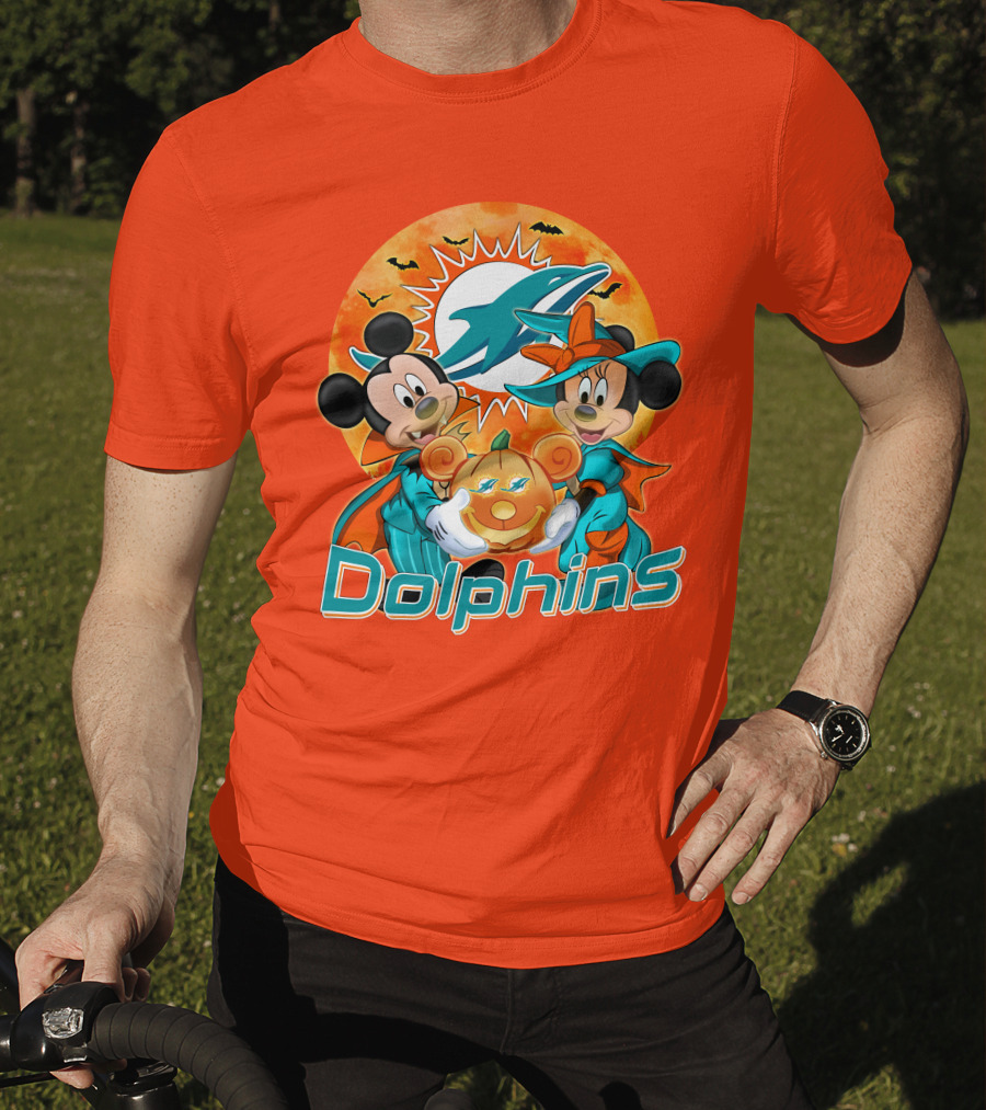 Miami Dolphins Mickey Minnie Halloween Pumpkin Bats T-Shirt