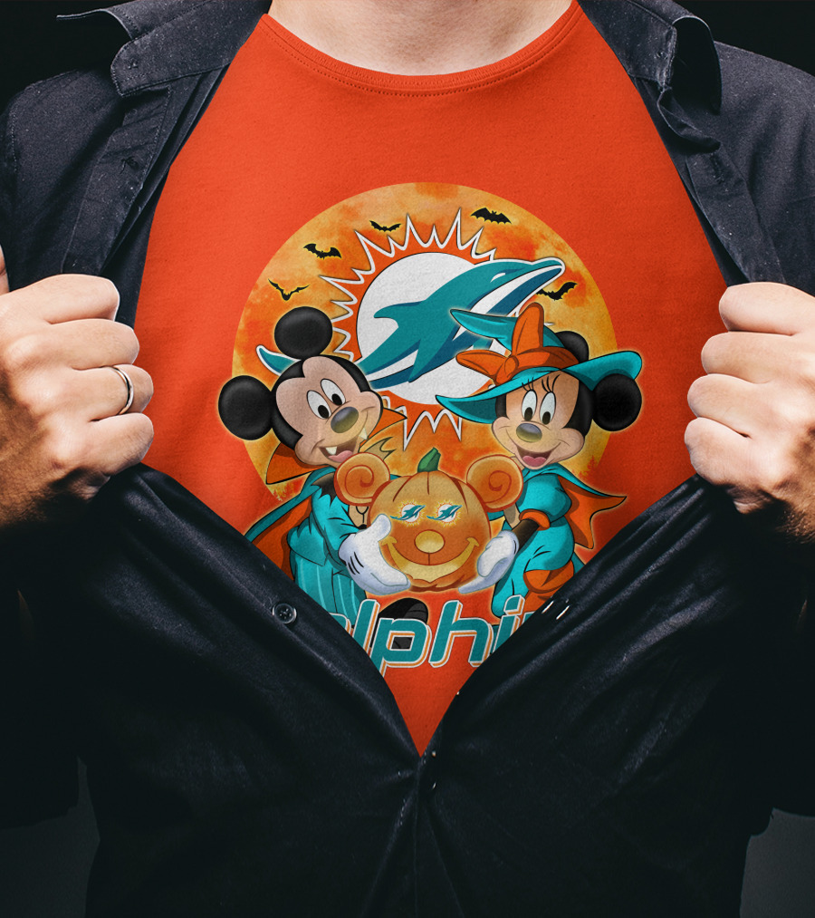 Miami Dolphins Mickey Minnie Halloween Pumpkin Bats T-Shirt