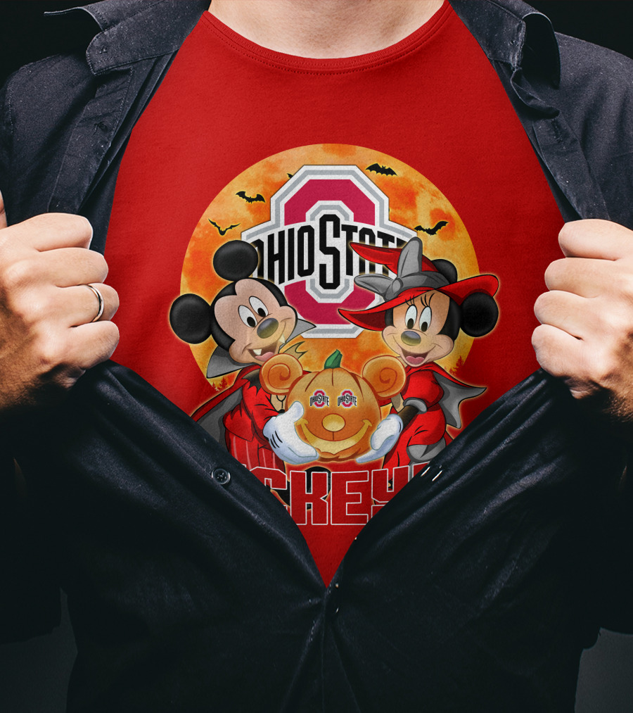 Ohio State Buckeyes Mickey Mouse Minnie Mouse Halloween Pumpkin T-Shirt