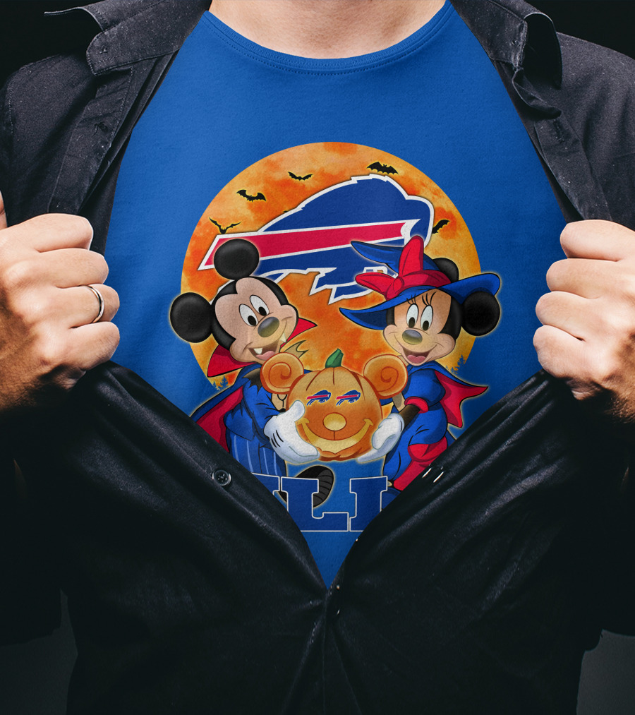 Buffalo Bills Halloween Mickey Mouse And Minnie Mouse Pumpkin T-Shirt