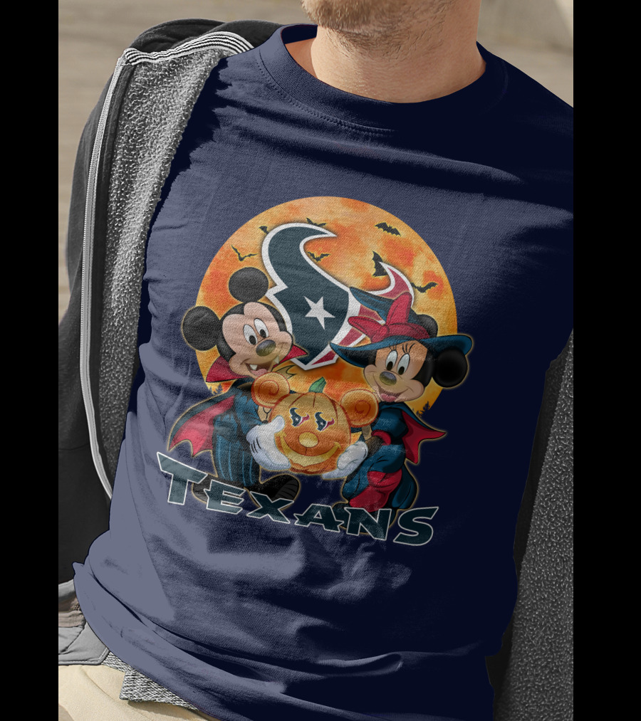 Houston Texans Mickey Mouse And Minnie Mouse Halloween Pumpkin Moon Bats T-Shirt