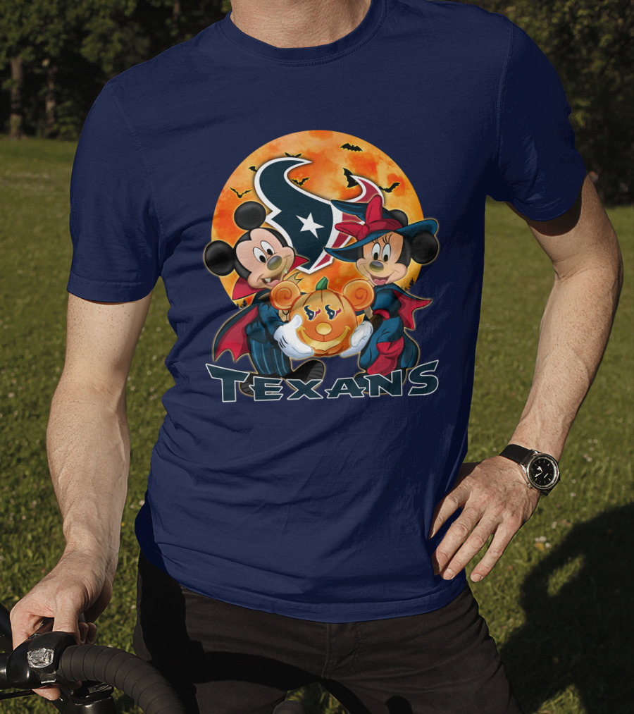Houston Texans Mickey Mouse And Minnie Mouse Halloween Pumpkin Moon Bats T-Shirt