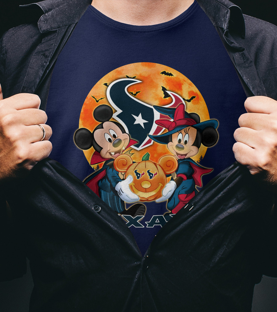 Houston Texans Mickey Mouse And Minnie Mouse Halloween Pumpkin Moon Bats T-Shirt