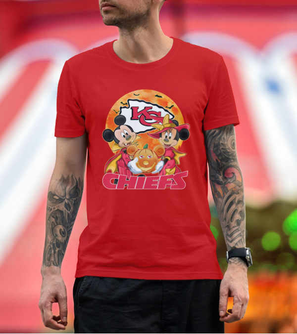 Premium T-Shirt: Kansas City Chiefs Mickey Mouse Minnie Mouse Halloween Chiefs Logo Pumpkin T-Shirt Kansas City Chiefs Mickey Mouse Minnie Mouse Halloween Chiefs Logo Pumpkin T-Shirt