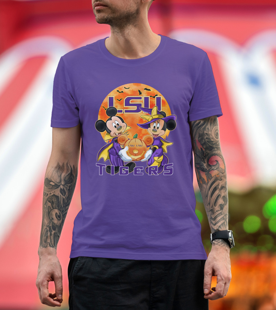 LSU Tigers Mickey Mouse and Minnie Mouse Halloween Pumpkin T-Shirt
