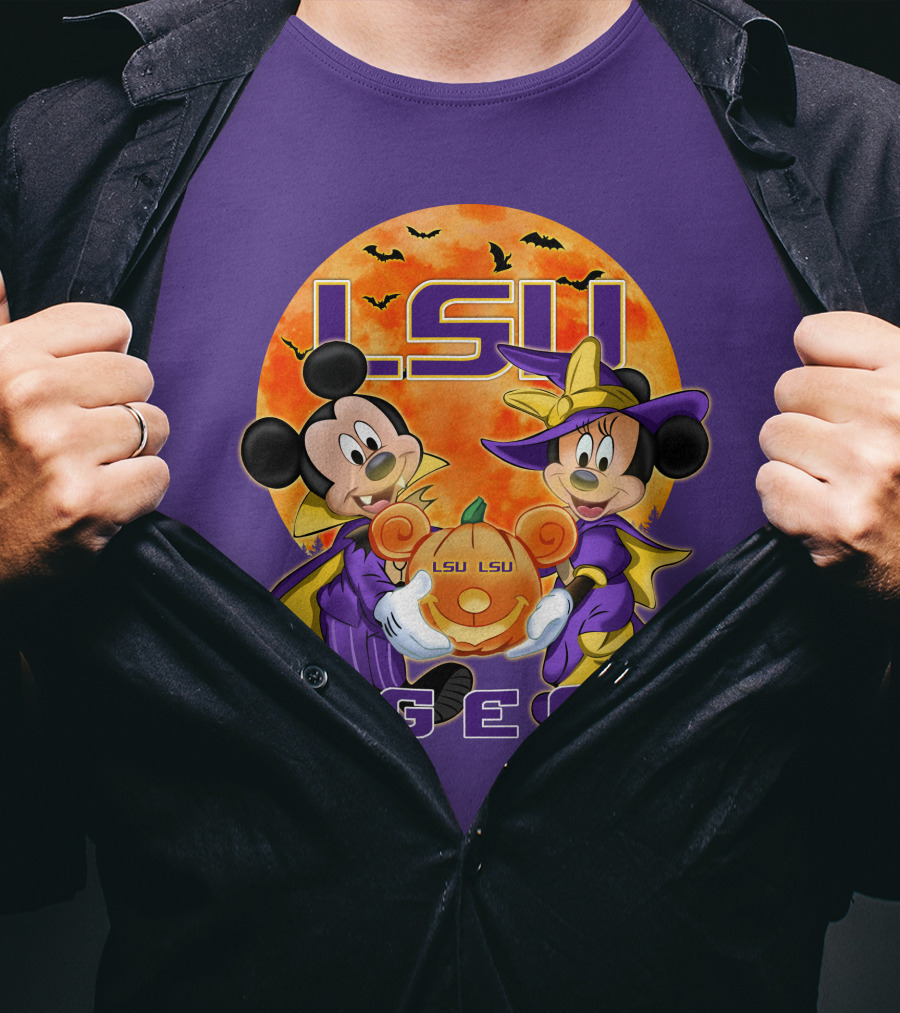 LSU Tigers Mickey Mouse And Minnie Mouse Halloween Pumpkin T-Shirt
