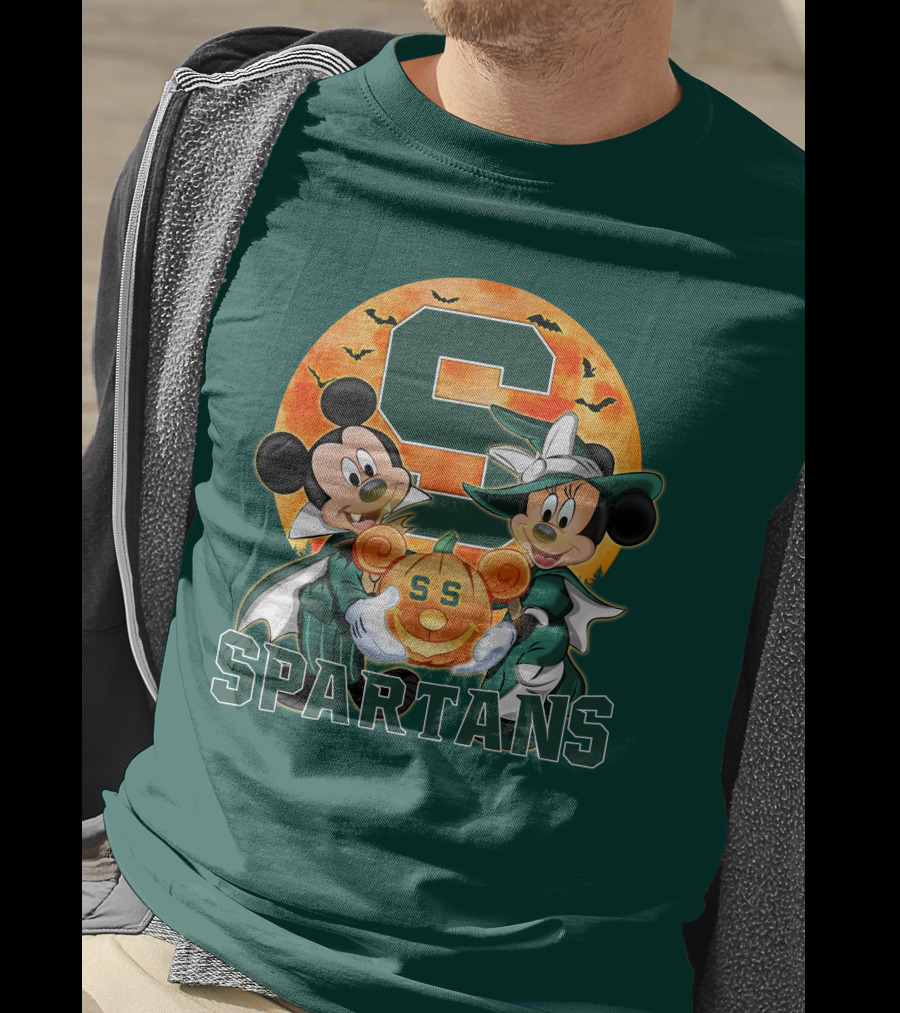 Michigan State Spartans Mickey Mouse Minnie Mouse Halloween Pumpkin Moon Bats T-Shirt