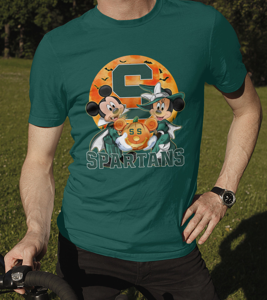 Michigan State Spartans Mickey Mouse Minnie Mouse Halloween Pumpkin Moon Bats T-Shirt