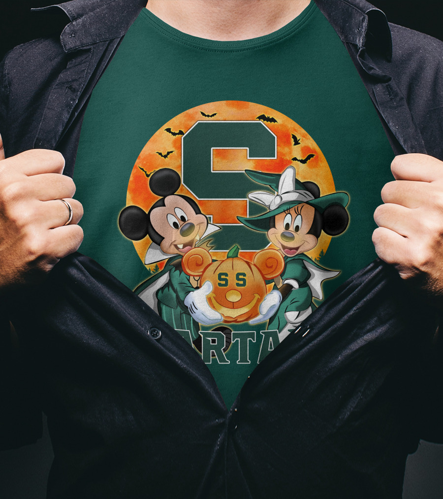 Michigan State Spartans Mickey Mouse Minnie Mouse Halloween Pumpkin Moon Bats T-Shirt