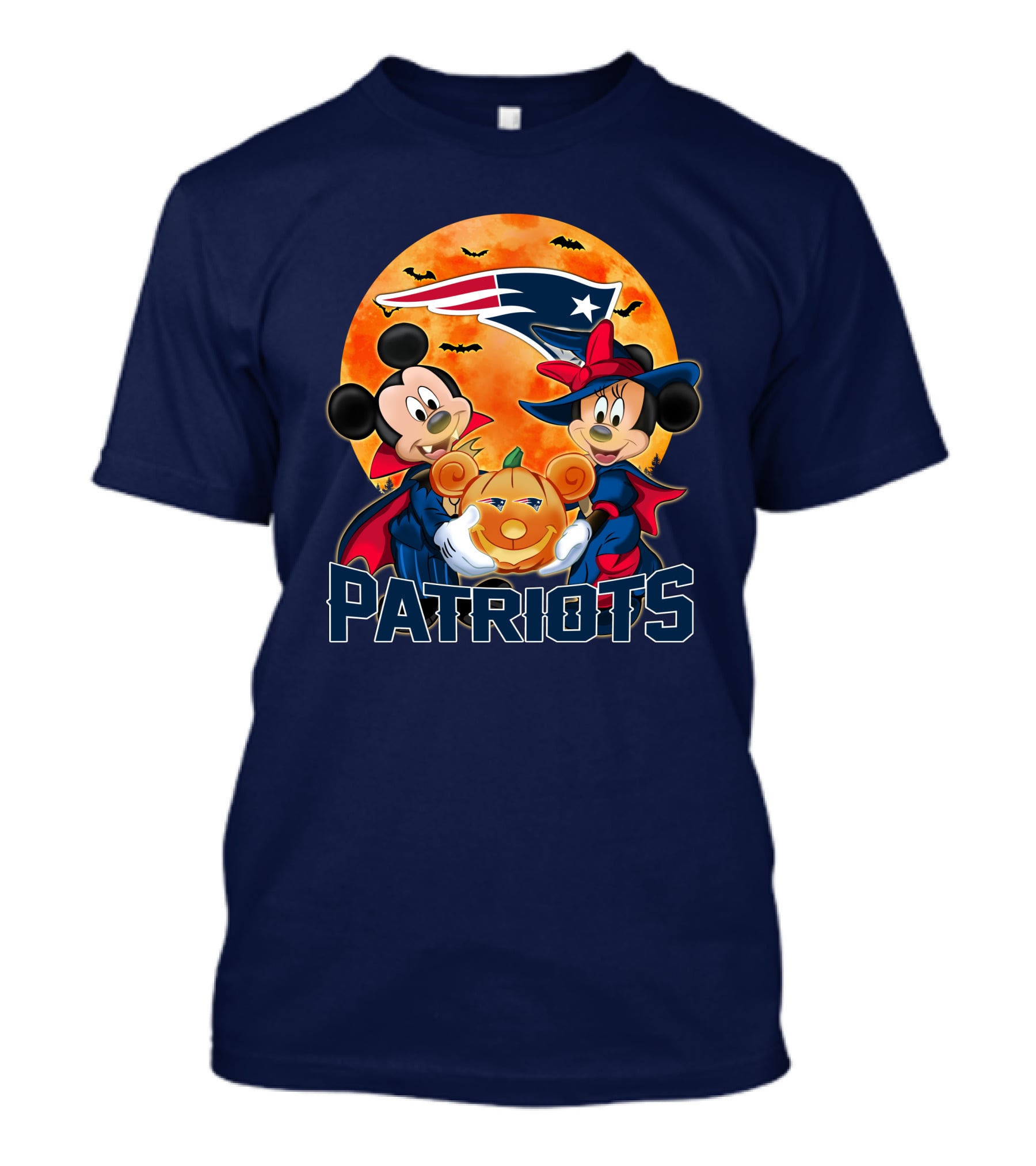 Patriots Halloween Mickey Mouse And Minnie Mouse With Pumpkin And New England Football T-Shirt