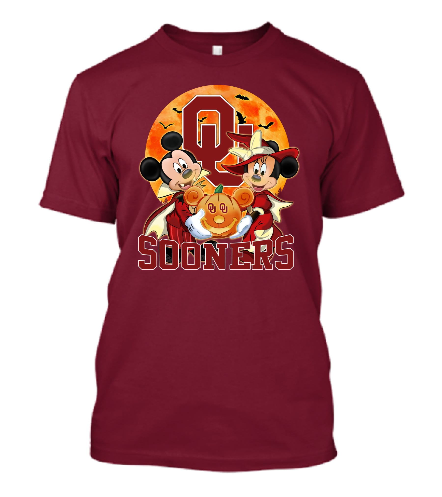 Oklahoma Sooners Mickey Mouse And Minnie Mouse Halloween Pumpkin Moon Bats T-Shirt