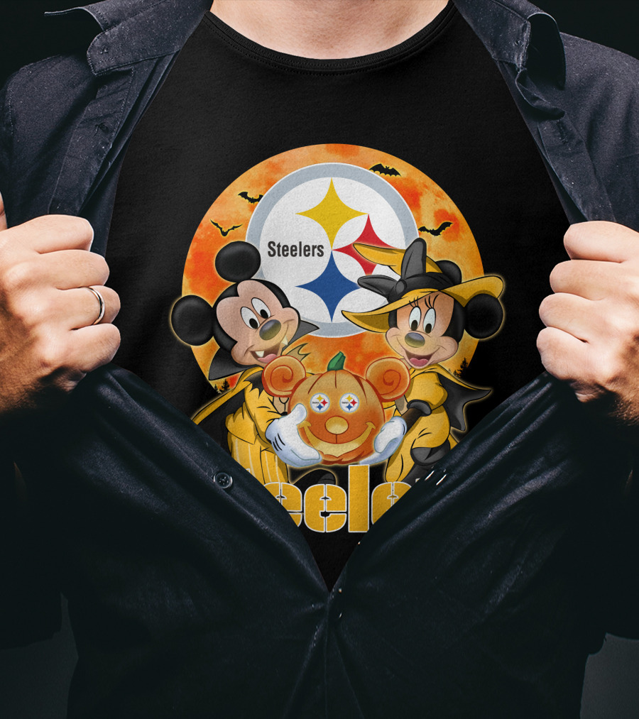 Steelers Mickey Mouse Minnie Mouse Halloween Pumpkin T-Shirt
